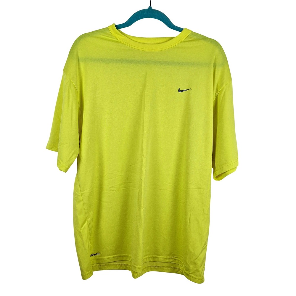 Nike FIT DRY Mens Large Neon Yellow Short Sleeve Performance T-Shirt Swoosh Logo